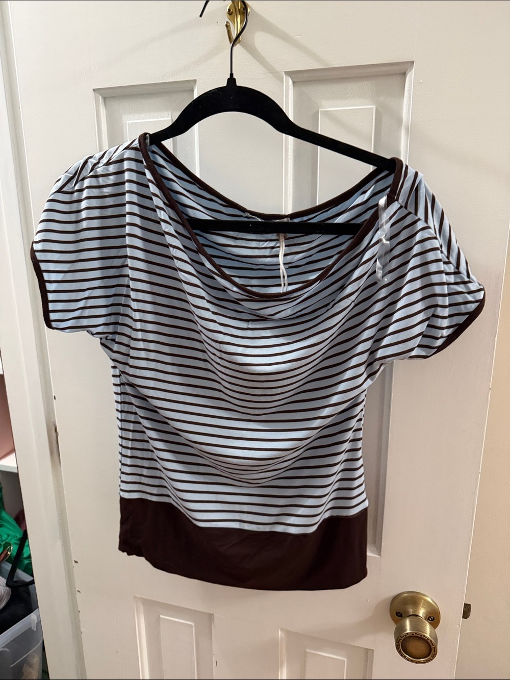 Striped Light Blue and Brown Short Sleeve Drape Neck Tee